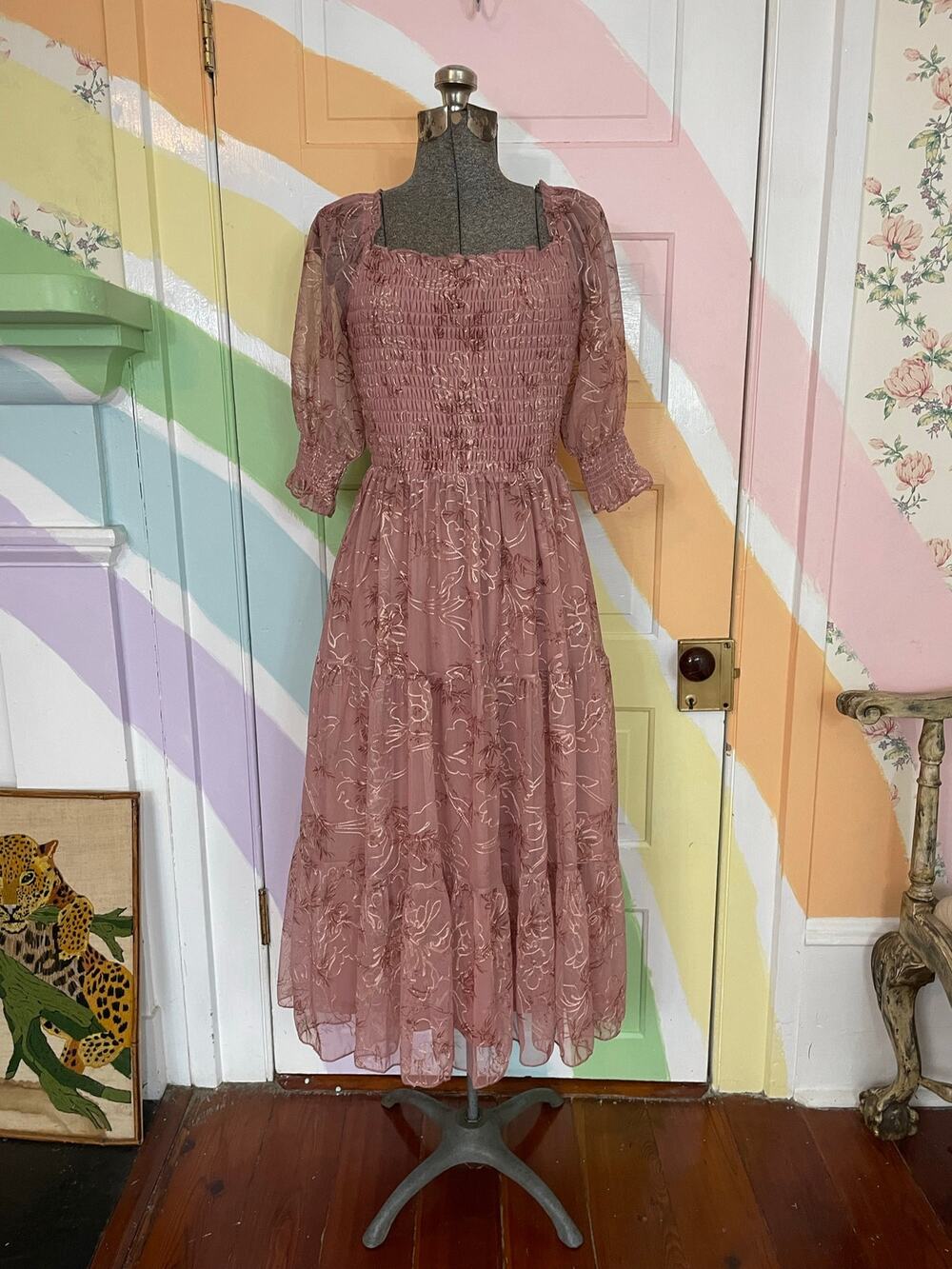 Baltic Born Smocked Embroidered Mesh Midi Dress Mauve Pink Cottagecore S